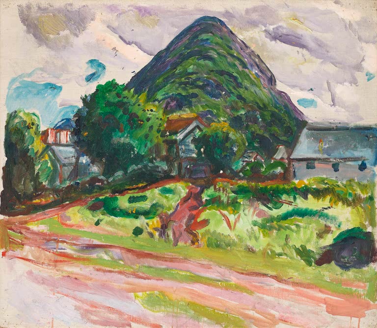 Haus unter grünem Berg mit Wolkenhimmel und rosa Weg – Edvard Munch Haus mit Bergen im Hintergrund Kunstkopie