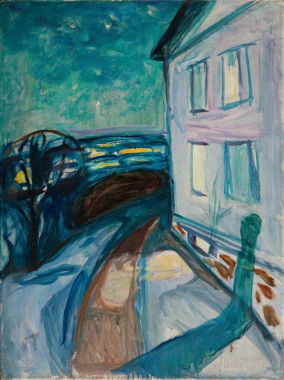 Weißes Haus mit erleuchteten Fenstern unter türkisem Sternenhimmel – Edvard Munch Hauswand im Mondlicht Kunstkopie