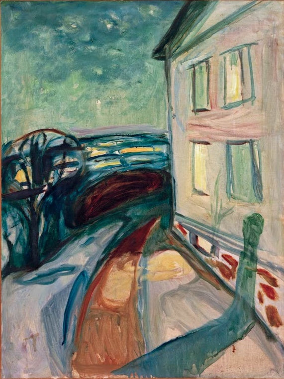 Hauswand mit beleuchteten Fenstern unter Sternenhimmel – Edvard Munch Hauswand im Mondschein Kunstkopie