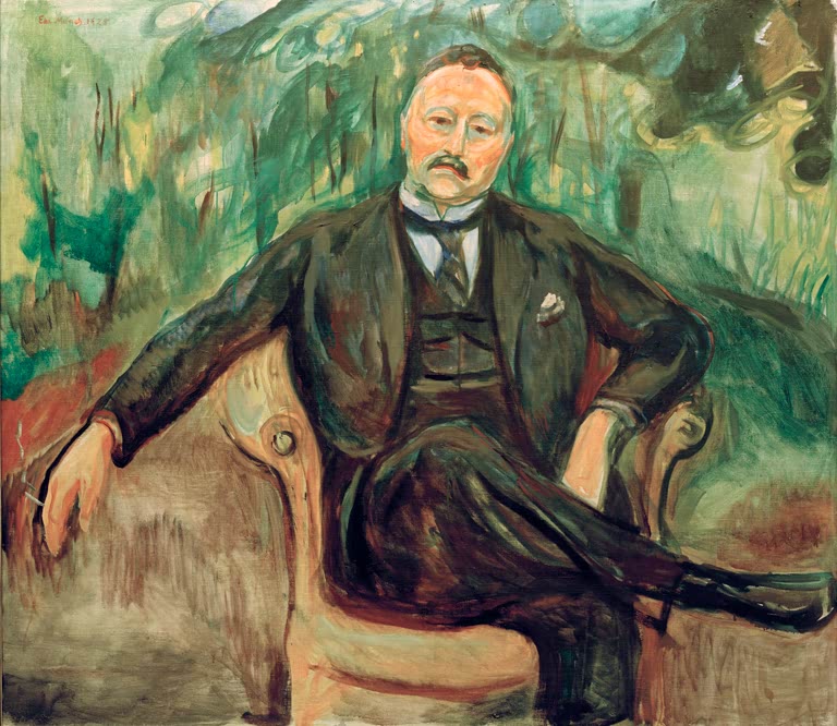 Herr im dunklen Anzug sitzt mit übergeschlagenen Beinen im Sessel vor Grün – Edvard Munch Heinrich Hudtwalcker Kunstkopie