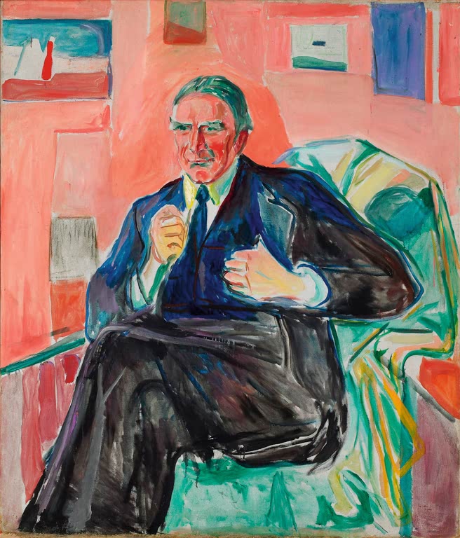 Älterer Mann im dunklen Anzug sitzt im grünen Sessel vor rosa Wand mit Bildern – Edvard Munch Henrik Bull Kunstkopie