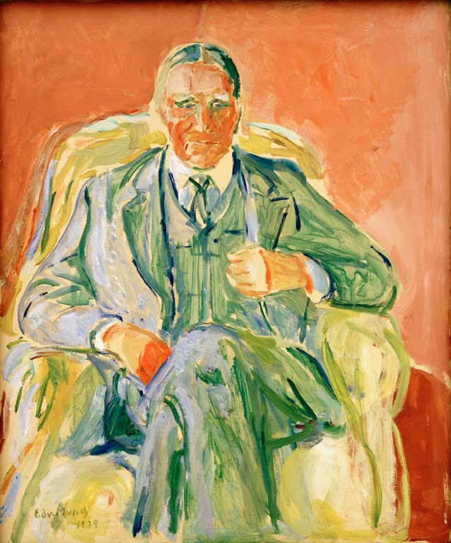 Älterer Mann in grünem Anzug sitzt im Sessel vor orangem Hintergrund – Edvard Munch Henrik Bull Kunstkopie