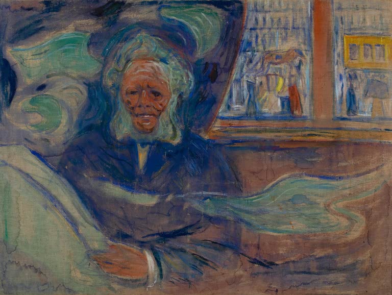 Alter Mann mit Bart an einem Tisch im Café vor Fenster – Edvard Munch Henrik Ibsen im Grand Café Kunstkopie