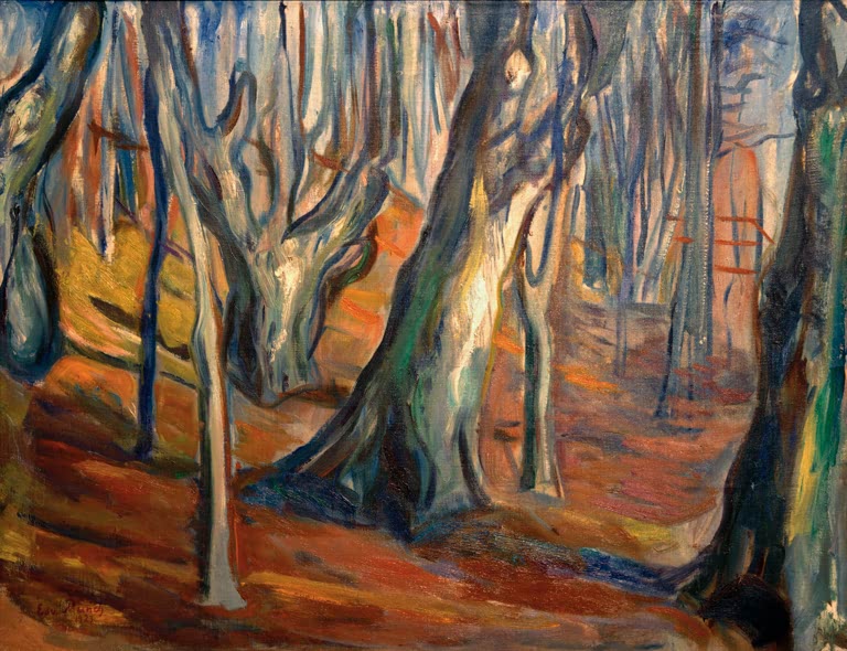 Herbstwald mit Baumstämmen und rotem Boden im warmen Licht – Edvard Munch Herbst (Alte Bäume, Ekely) Kunstkopie