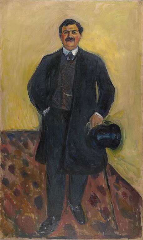 Mann im dunklen Mantel mit Zylinder in der Hand steht auf gemustertem Teppich – Edvard Munch Hermann Schlittgen Kunstkopie