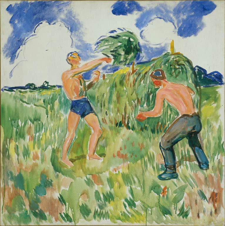 Zwei Männer mit nacktem Oberkörper arbeiten im hohen Gras unter Wolkenhimmel – Edvard Munch Heuernte Kunstkopie