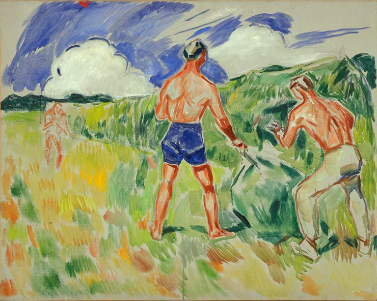 Zwei halbnackte Mäher mit Sensen auf einer grünen Wiese unter Wolkenhimmel – Edvard Munch Heuernte Kunstkopie