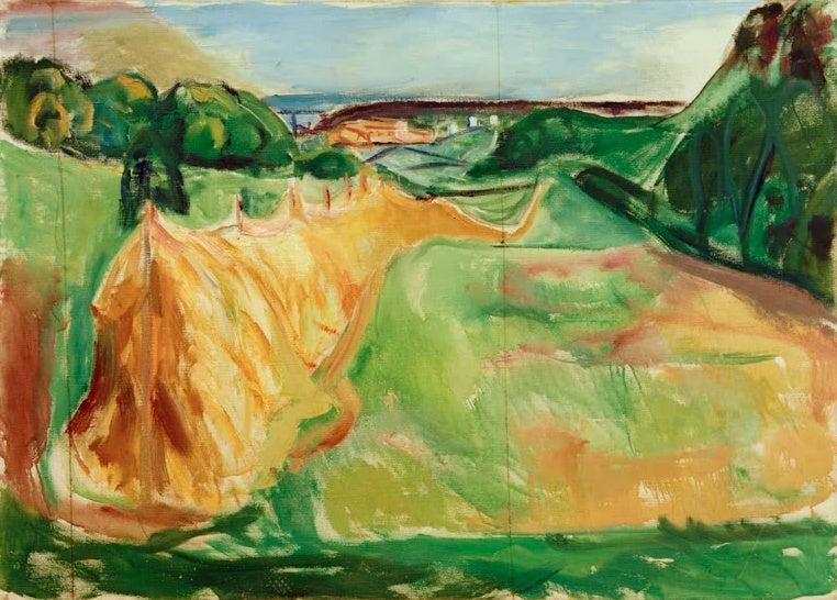 Gelbe Heuhaufen auf grünen Wiesen vor Hügeln und fernem Meer – Edvard Munch Heureiter Kunstkopie