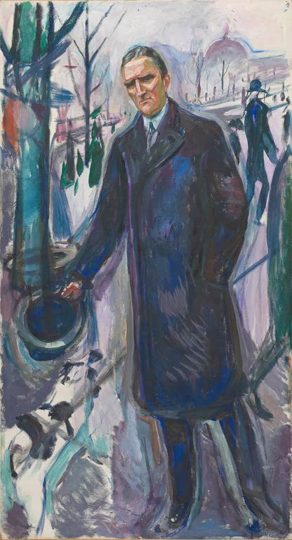 Mann im langen dunklen Mantel mit Hut in der Hand und kleinem Hund im Winter – Edvard Munch Hieronymus Heyerdahl Kunstkopie