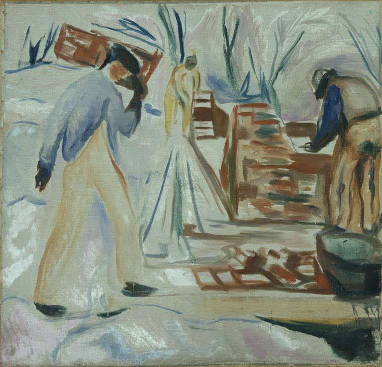 Arbeiter in heller Hose trägt Ziegel zum Gerüst – Edvard Munch Hodman bei der Arbeit am Ateliergebäude Kunstkopie