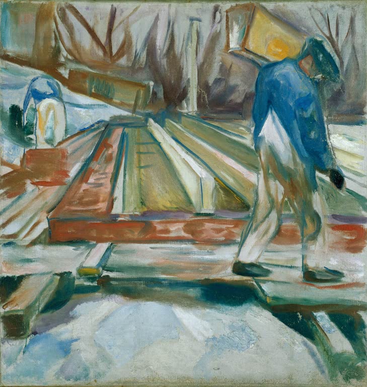 Arbeiter in blauer Jacke vor gestapelten Balken im Schnee – Edvard Munch Hodman bei der Arbeit am Ateliergebäude Kunstkopie