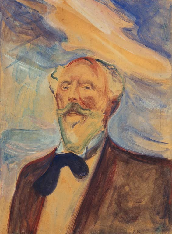 Bildnis eines Mannes mit Schnurrbart und dunkler Schleife vor bewegtem Himmel – Edvard Munch Holger Drachmann Kunstkopie