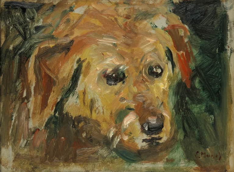 Hundekopf mit traurigem Blick in warmen Braun- und Ockertönen – Edvard Munch Hundegesicht Kunstkopie