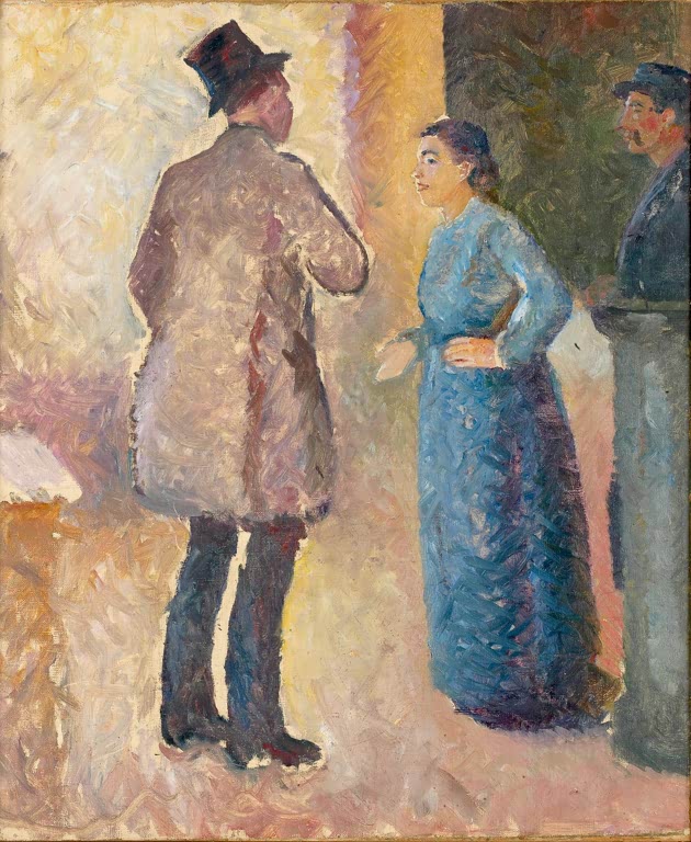 Mann mit Zylinder im Gespräch mit einer Frau in blauem Kleid in einem Café – Edvard Munch Im Café Kunstkopie