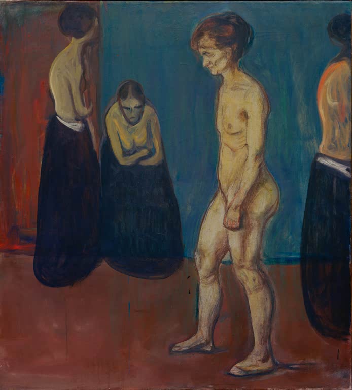 Nackte und halb bekleidete Frauen in dunklen Röcken stehen in einem Raum – Edvard Munch Im Frauenhospital Kunstkopie