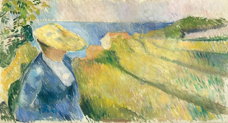 Edvard Munch Im Freien Kunstkopie, Figur mit gelbem Strohhut und blauem Mantel blickt über gelbgrüne Hügel aufs Meer