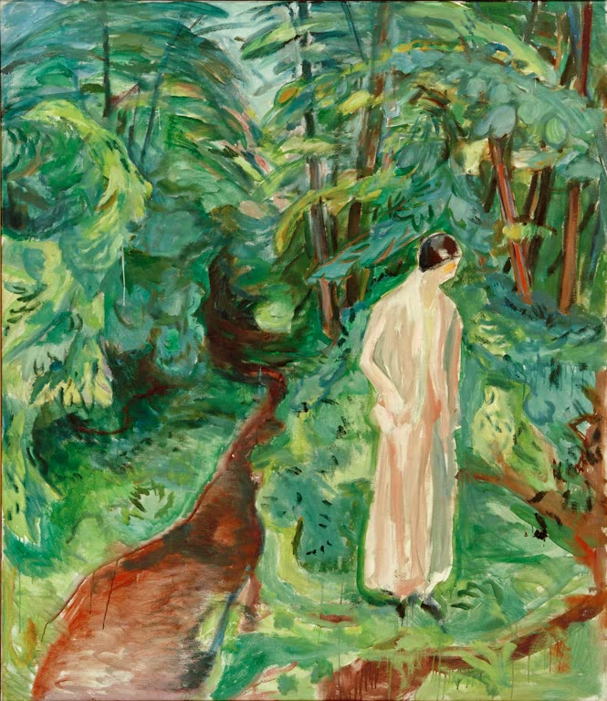 Frau in hellem Kleid steht in einem grünen Garten auf gewundenem Pfad – Edvard Munch Im Garten. Birgit Prestöe Kunstkopie
