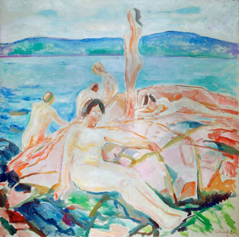 Nackte Badende lagern auf rosa Felsen vor türkisfarbenem Meer – Edvard Munch Im Hochsommer Kunstkopie