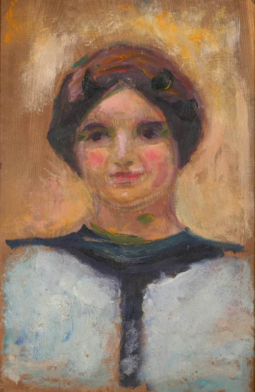 Frauenporträt mit rosigen Wangen und dunklem Haar vor ockerfarbenem Grund – Edvard Munch Ingeborg Kaurin Kunstkopie
