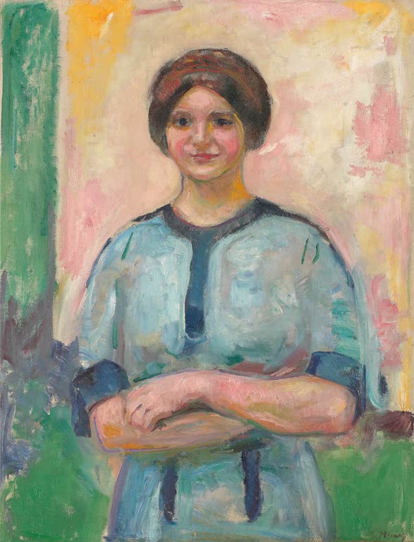 Lächelnde Frau mit verschränkten Armen in hellblauer Bluse – Edvard Munch Ingeborg Kaurin Kunstkopie