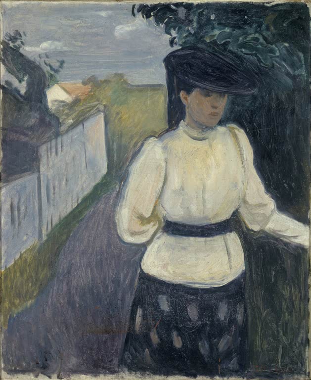 Frau in weißer Bluse und schwarzem Hut vor weißem Zaun – Edvard Munch Inger in einer weißen Bluse Kunstkopie
