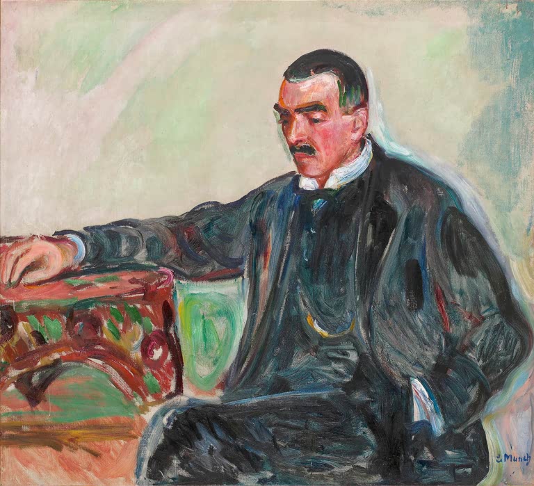 Mann mit Schnurrbart im dunklen Anzug sitzt zurückgelehnt, einen Arm aufgestützt – Edvard Munch Jappe Nilssen Kunstkopie