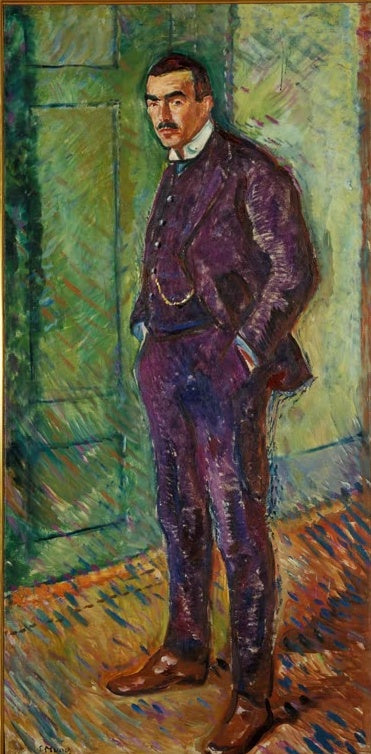 Ganzfigurenbildnis eines Mannes in violettem Anzug vor grüner Wand – Edvard Munch Jappe Nilssen Kunstkopie
