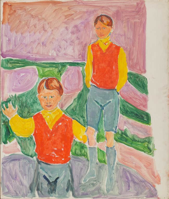 Zwei Jungen in roten Westen vor farbig gestreiftem Hintergrund – Edvard Munch Johan Martin und Sten Stenersen Kunstkopie