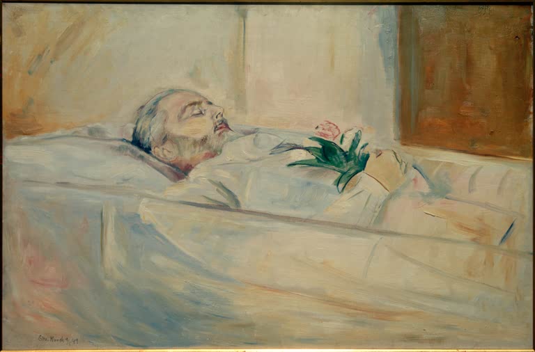 Toter Mann auf einem hellen Totenbett mit einer Blume in der Hand – Edvard Munch John Hazeland auf dem Leichenbett Kunstkopie