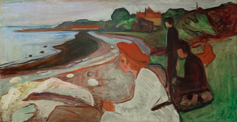 Küstenlandschaft mit Strand, im Vordergrund ein Mann und eine Gestalt mit rotem Hut – Edvard Munch Jugend am Meer Kunstkopie