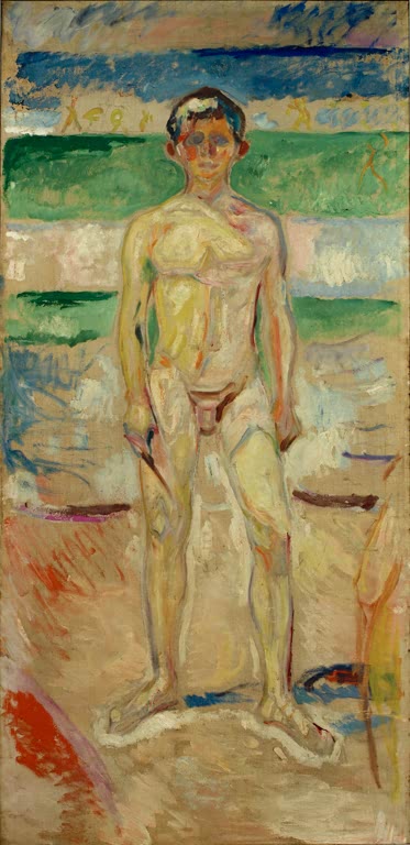 Nackter junger Mann steht am Strand vor Meer und grünen Streifen – Edvard Munch Jugend Kunstkopie