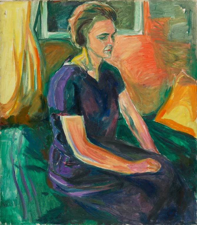 Sitzende Frau im dunkelblauen Kleid vor orangefarbenem Vorhang – Edvard Munch Junge Frau im blauen Kleid Kunstkopie
