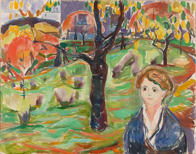 Junge Frau im Vordergrund vor Garten mit Bäumen in kräftigen Herbstfarben – Edvard Munch Junge Frau im Garten Kunstkopie