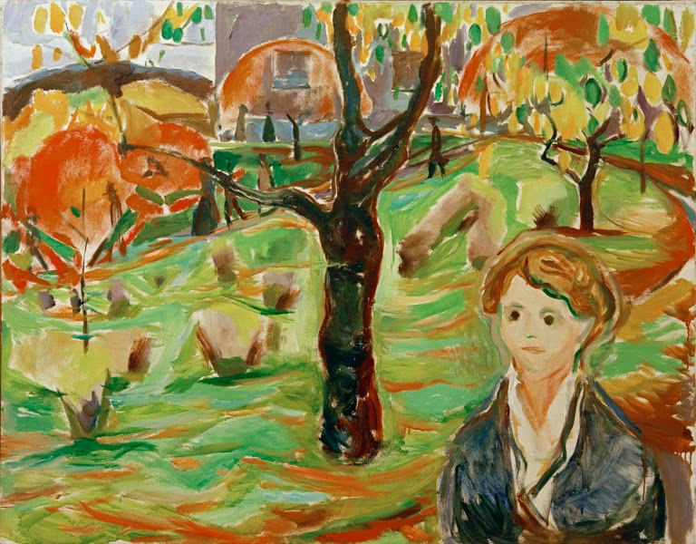 Junge Frau steht vor einem herbstlich bunten Obstbaum im Garten – Edvard Munch Junge Frau im Garten Kunstkopie