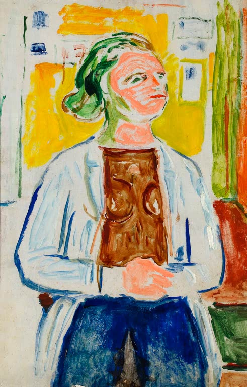 Junge Frau mit grünem Haar in hellem Kittel vor gelbem Grund – Edvard Munch Junge Frau Kunstkopie