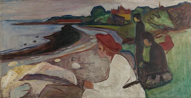 Kinder und Frau mit rotem Hut sitzen am Strand einer Bucht – Edvard Munch Junge Menschen am Strand Kunstkopie