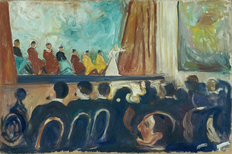 Blick über dunkle Zuschauerrücken auf eine hell beleuchtete Bühne mit Tänzerin – Edvard Munch Kabarett Kunstkopie