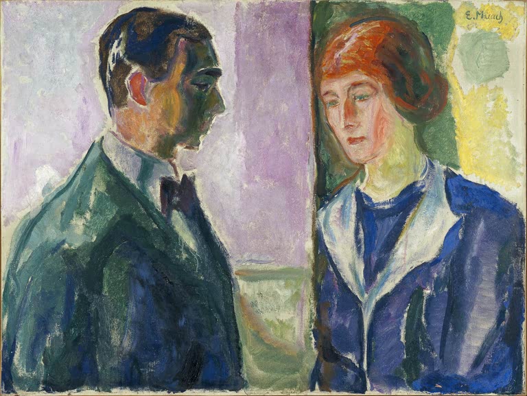Mann im dunklen Anzug und Frau in blauer Jacke im Profil – Edvard Munch Käte und Hugo Perls Kunstkopie