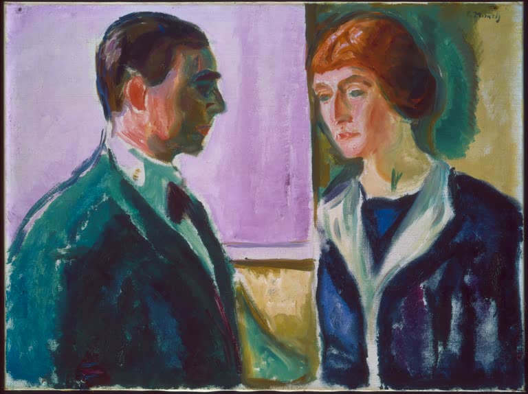 Doppelporträt eines Mannes und einer rothaarigen Frau vor violetter Wand – Edvard Munch Käthe und Hugo Perls Kunstkopie