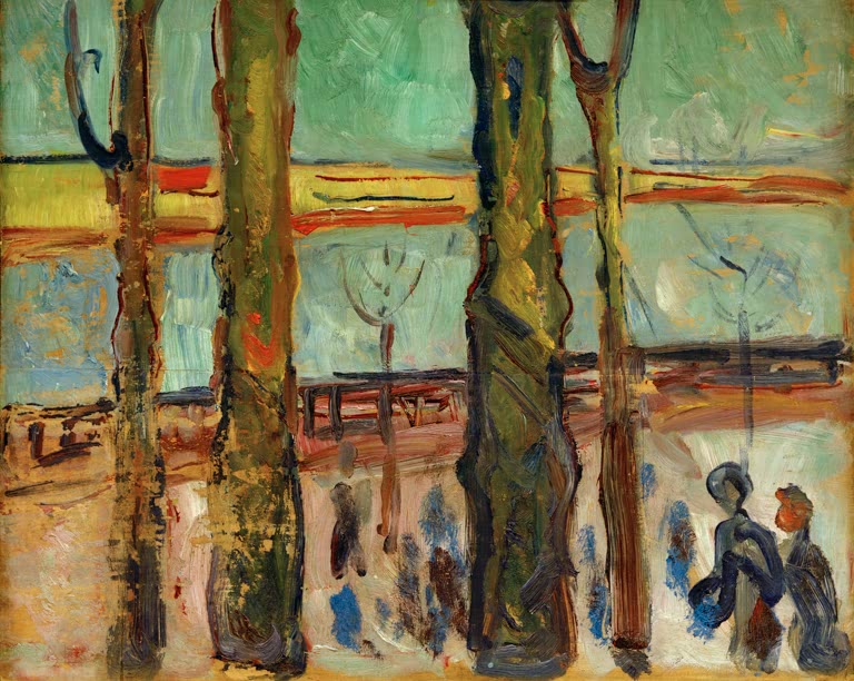 Alleebäume am Kanal mit Spaziergängern und einem Steg – Edvard Munch Kanal in Warnemünde II Kunstkopie