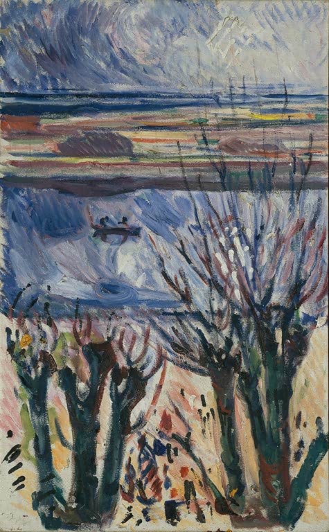 Kahle Weiden an einem Kanal unter bewegtem Himmel – Edvard Munch Kanal in Warnemünde Kunstkopie