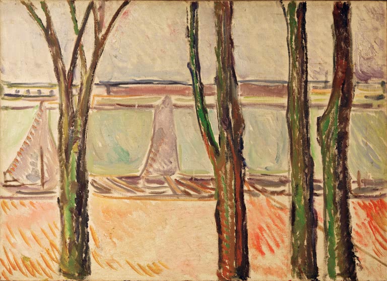 Kahle Baumstämme vor einem Kanal mit zwei Segelbooten – Edvard Munch Kanal in Warnemünde Kunstkopie
