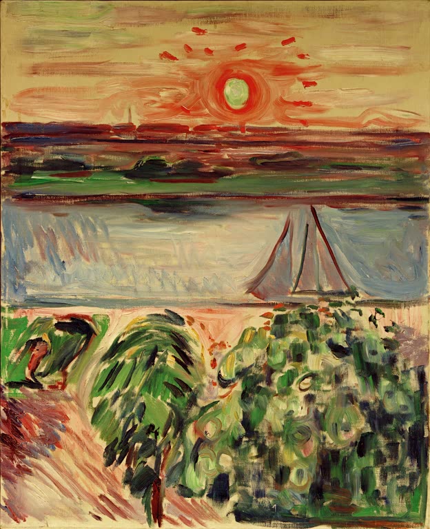 Sonne über dem Kanal mit Segelboot und blühenden Büschen – Edvard Munch Kanallandschaft bei Sonnenuntergang Kunstkopie