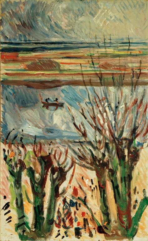 Kahle Weiden an einem Kanal im Frühjahr unter bewölktem Himmel – Edvard Munch Kanallandschaft im Frühjahr Kunstkopie