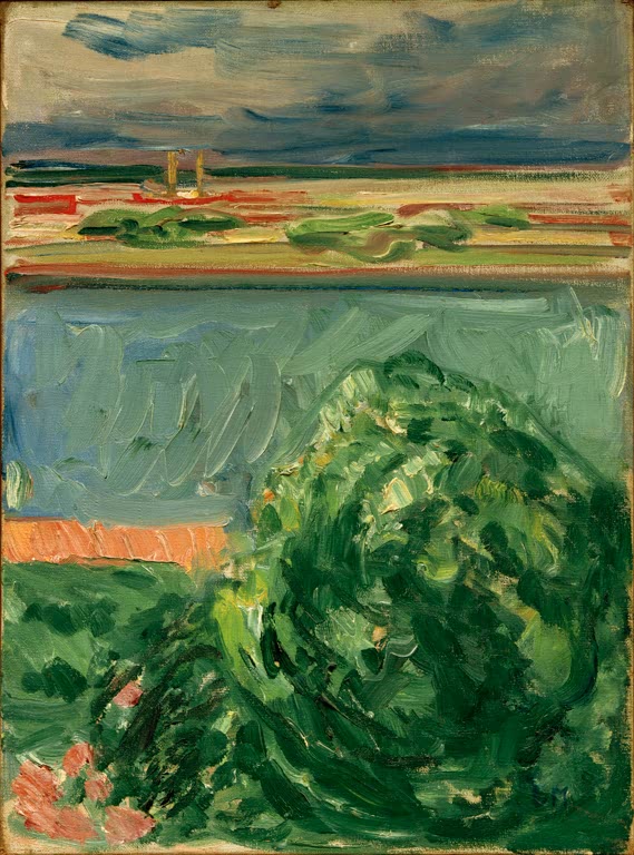 Grüner Busch am Kanalufer unter dunklen Wolken – Edvard Munch Kanallandschaft mit Baumkrone Kunstkopie