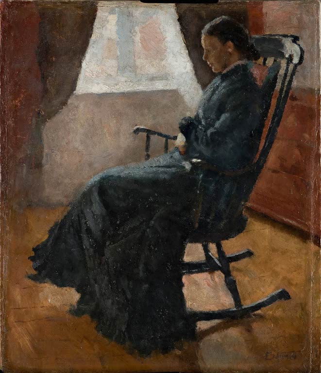 Ältere Frau in dunklem Kleid im Schaukelstuhl am Fenster – Edvard Munch Karen Bjølstad im Schaukelstuhl Kunstkopie