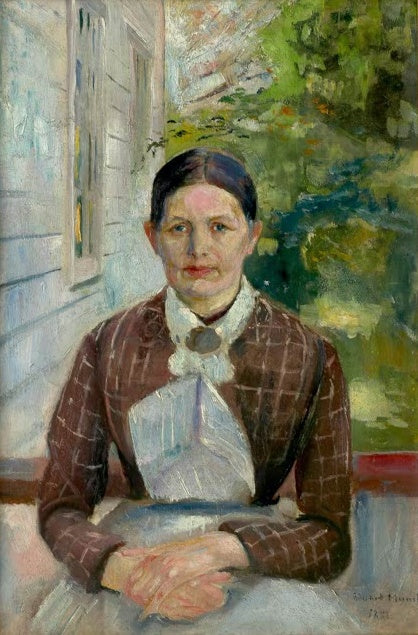 Frau in kariertem braunem Kleid und heller Schürze vor Grün – Edvard Munch Karen Bjølstad Kunstkopie