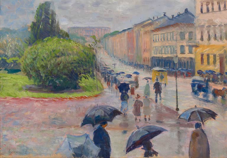 Regennasse Straße mit Schirmen, Passanten und Häuserzeile – Edvard Munch Karl Johan in der Regenn Kunstkopie