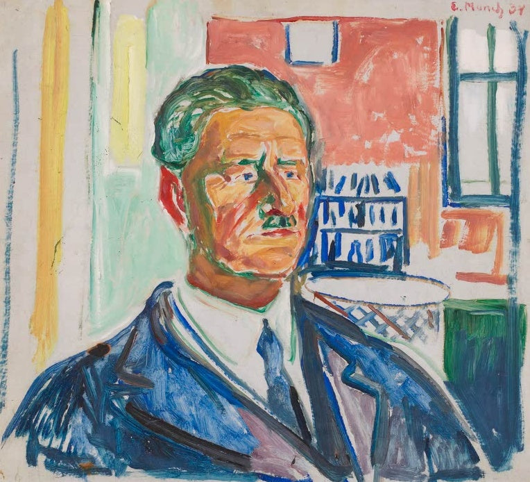Edvard Munch Karl Wefring Kunstkopie, Brustbildnis eines Mannes im blauen Anzug vor rosafarbener Wand