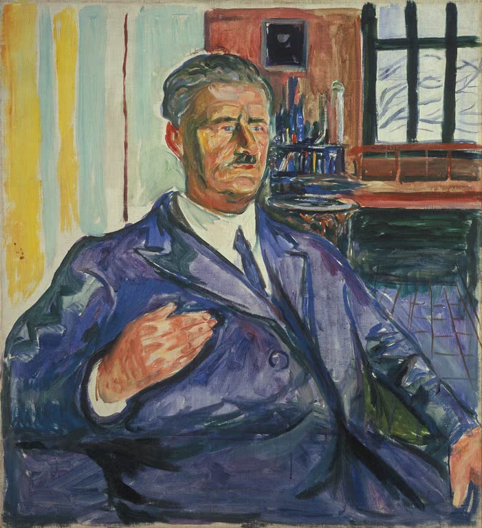 Porträt eines Mannes im blauen Anzug mit Hand auf der Brust vor Atelierfenster – Edvard Munch Karl Wefring Kunstkopie